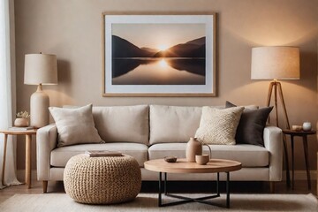 Domestic living room with a sofa, lamp, and minimal art frame with a beige color tone.
