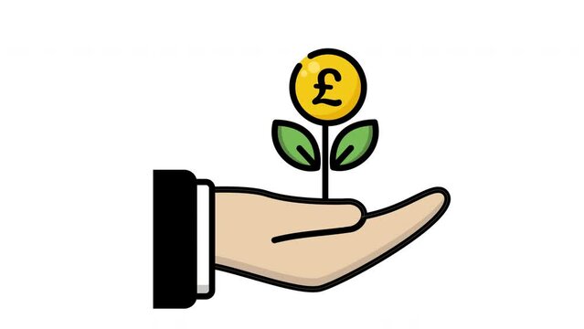 Animated Hand holding pound sterling coin with a plant growing out, perfect for illustrating growth, investment, savings, environment, or financial concepts in designs.