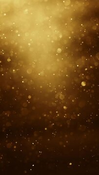 Gold dust particles fly in the air background. Magical fairy blurred dust bokeh background. Vertical Screen