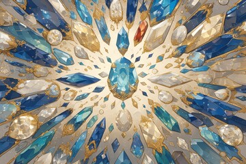Closeup of colorful gemstones arranged in an intricate pattern, forming the shape of a sun with rays 
