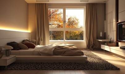 Design of a cozy bedroom with a large bed and soft light