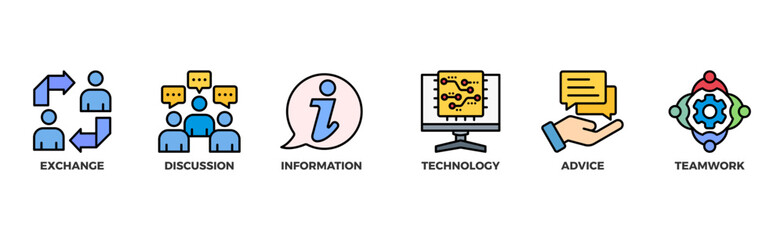 Communication banner web icon vector illustration concept with icon of exchange, discussion, information, technology, advice, and teamwork