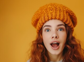 Young woman looking up with surprised and shocked expression. isolated soft blue background. copy space. 