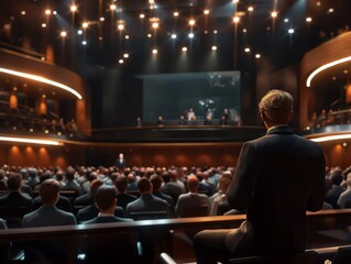 A man stands in front of a large audience in a theater. The man is dressed in a suit and tie and is speaking to the crowd. The audience is seated in rows of chairs, and the theater is brightly lit