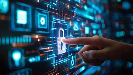 Cyber security and online data protection on the internet. Padlock on the computer screen with a hand about to touch it. Cybersecurity, privacy, network technology. Encrypted data warehouse.