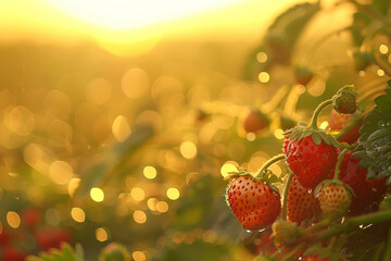 /imagine: A serene scene of strawberries bathed in the golden light of dusk.
