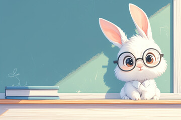 adorable cartoon smart white fluffy bunny in glasses on the background of a green school chalkboard - obrazy, fototapety, plakaty
