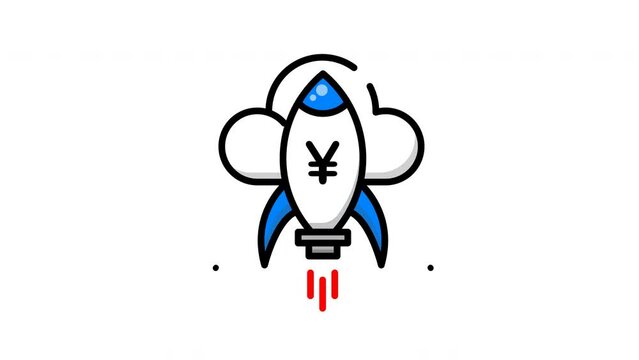 animated rocket with a yen sign and cloud, perfect for kids projects, spacethemed designs, educational materials, and sciencerelated content, business, finnance. Bright and fun!