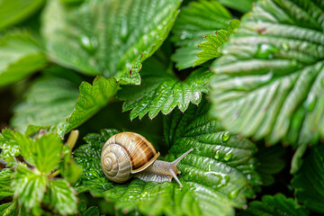 /imagine: A snail meandering through the maze of strawberry leaves.