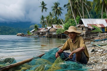 Man Sitting on Beach Next to Fishing Net