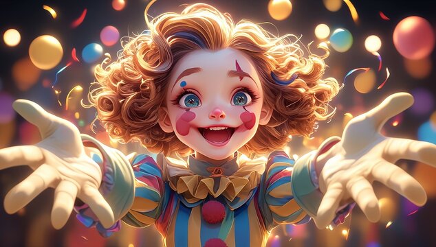 Cute plasticine clown character, colorful and cheerful with big eyes and curly hair, standing in front of a blurred circus background with bokeh lights. The clown is wearing an elegant costume.