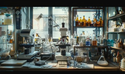 Research lab with minzurkas and glassware generated AI