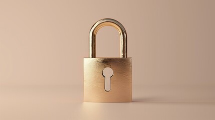 Fototapeta premium golden padlock on beige background, locking concept key shiny unlocking