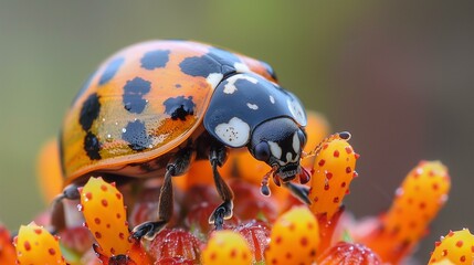 Macro, ladybug on flower, pet zoology arthropod one animal focus on foreground - obrazy, fototapety, plakaty