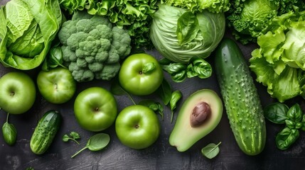 Green vegetables on black background, broccoli eating avocado meal cucumber - obrazy, fototapety, plakaty