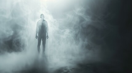 Ghosting effect man standing in foggy room, pain glowing silhouette