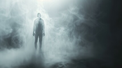 Obraz premium Ghosting effect man standing in foggy room, pain glowing silhouette