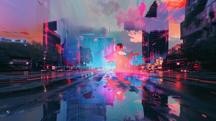 Glitch art city street, blurred motion urban skyline transportation reflection illuminated