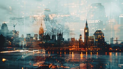 Double exposure city, car travel destinations tourism reflection street light