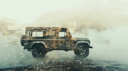 Double exposure, car driving through fog, sports race wheel dirt dust engine - obrazy, fototapety, plakaty