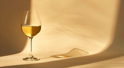 A glass of white wine on a monochrome background with shadows and reflections, copy space