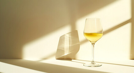 A glass of white wine on a monochrome background with shadows and reflections, copy space