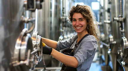 Fototapeta premium A female winemaker who blends wines in a modern cellar