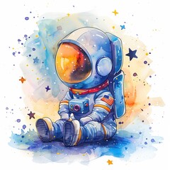 cartoon watercolor cute astronaut character in spacesuit sits on white background with splashes - obrazy, fototapety, plakaty