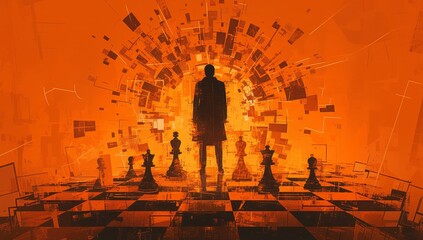 double exposure of chess pieces and business man standing on board, cityscape background