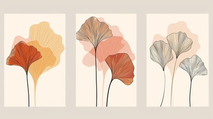 Earth tone boho foliage line art drawing with abstract shape. Ginkgo Plant Art design for print, cover, wallpaper, minimalist and natural wall art.