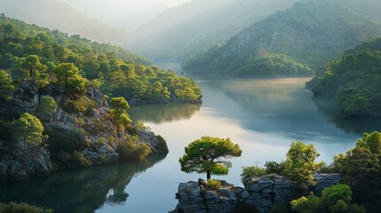 Peaceful lakes and serene water bodies landscapes 

