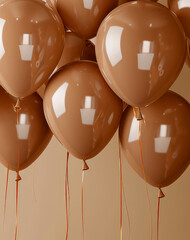 Celebrations background with glossy, helium brown balloons, Holidays mockup. Birthday greeting card. Generative ai