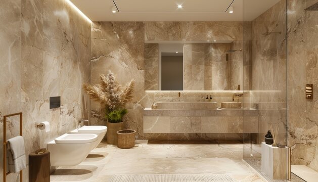 The concept of a modern bathroom in light-colored stone is AI-generated - Powered by Adobe
