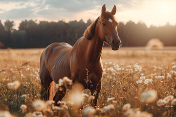 Beautiful brown horse standing in high grass in sunset light. Red horse with long mane in flower field, arabian horse grazing on pasture - obrazy, fototapety, plakaty