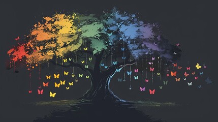  illustration for World Mental Health Day showcases a tree with a burst of multicolored butterflies as leaves