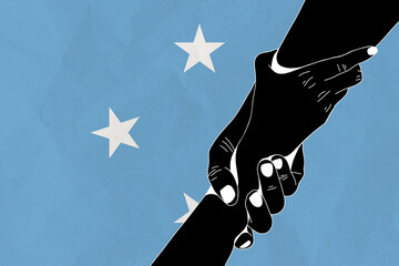 Helping hand against the Federated States of Micronesia flag. The concept of support. Two hands taking each other. A helping hand for those injured in the fighting, lend a hand - obrazy, fototapety, plakaty
