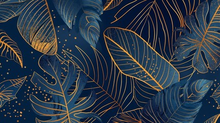 Fototapeta na wymiar Modern background with blue tropical leaves, tree, leaves branching out in a hand drawn pattern. Elegant botanical jungle for banners, prints, decorations, and fabrics.
