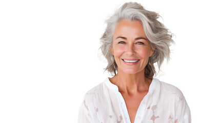 beautiful middle-aged woman with perfect skin and gray hair and smiling isolated. advertising of cosmetic products, skin care cosmetics, cosmetic procedures. mockup for design