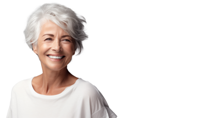 beautiful middle-aged woman with perfect skin and gray hair and smiling isolated. advertising of cosmetic products, skin care cosmetics, cosmetic procedures. mockup for design