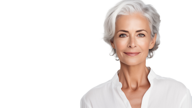 beautiful middle-aged woman with perfect skin and gray hair and smiling isolated. advertising of cosmetic products, skin care cosmetics, cosmetic procedures. mockup for design