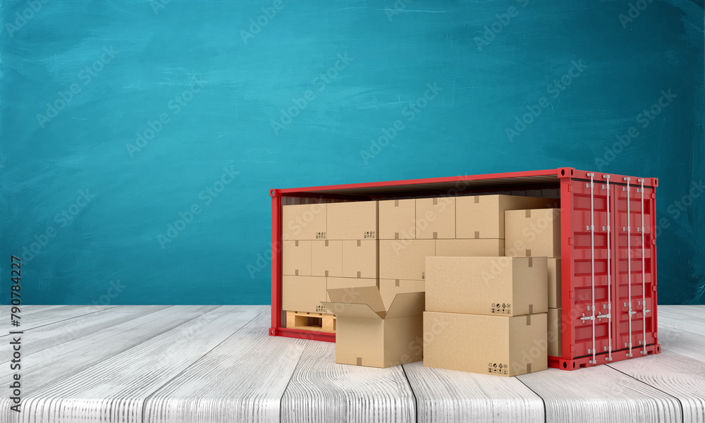 Poster 3d rendering of red shipping container filled with cardboard boxes on white wooden floor and dark tu