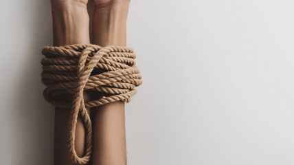 Hands bound together with thick rope against a white background.