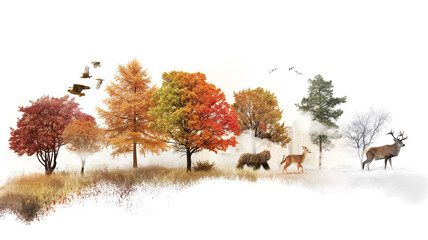 Autumn landscape transitioning to winter with colorful trees, a bear, deer, and flying birds.