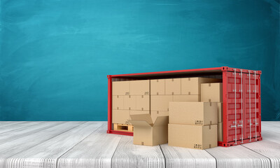 3d rendering of red shipping container filled with cardboard boxes on white wooden floor and dark turquoise background.