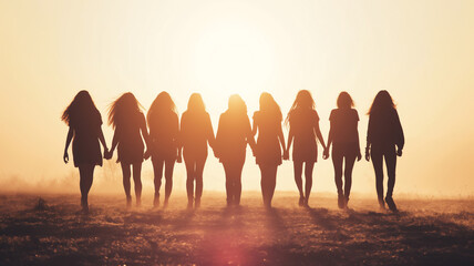Silhouettes of seven women walking hand in hand at sunset, with a hazy background.