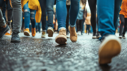 Low-angle view of multiple people walking on a wet street, focusing on diverse shoes and jeans.