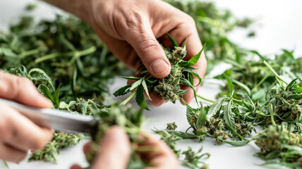 Hands trimming cannabis buds with scissors over a white surface.