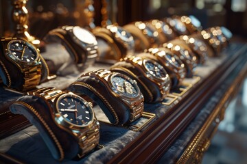 This image showcases a sumptuous array of designer watches displayed in a glass case