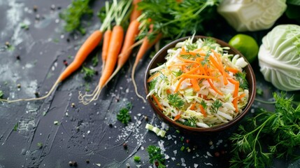 Bowl of shredded cabbage and orange vegetables on a table