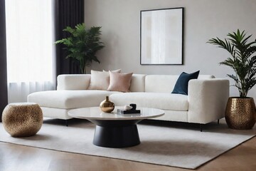 Stylish living room interior with modular sofa, luxury table, stylish vase, and minimal art frame in a perfect composition.
